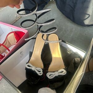 Wild Diva Black Heels with Rhinestone Bow